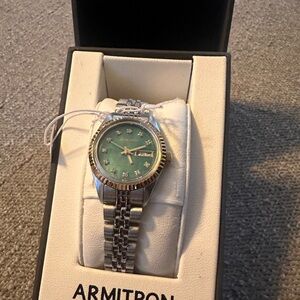 Armitron Silver Bracelet Watch with Green Dial and Crystal Markers